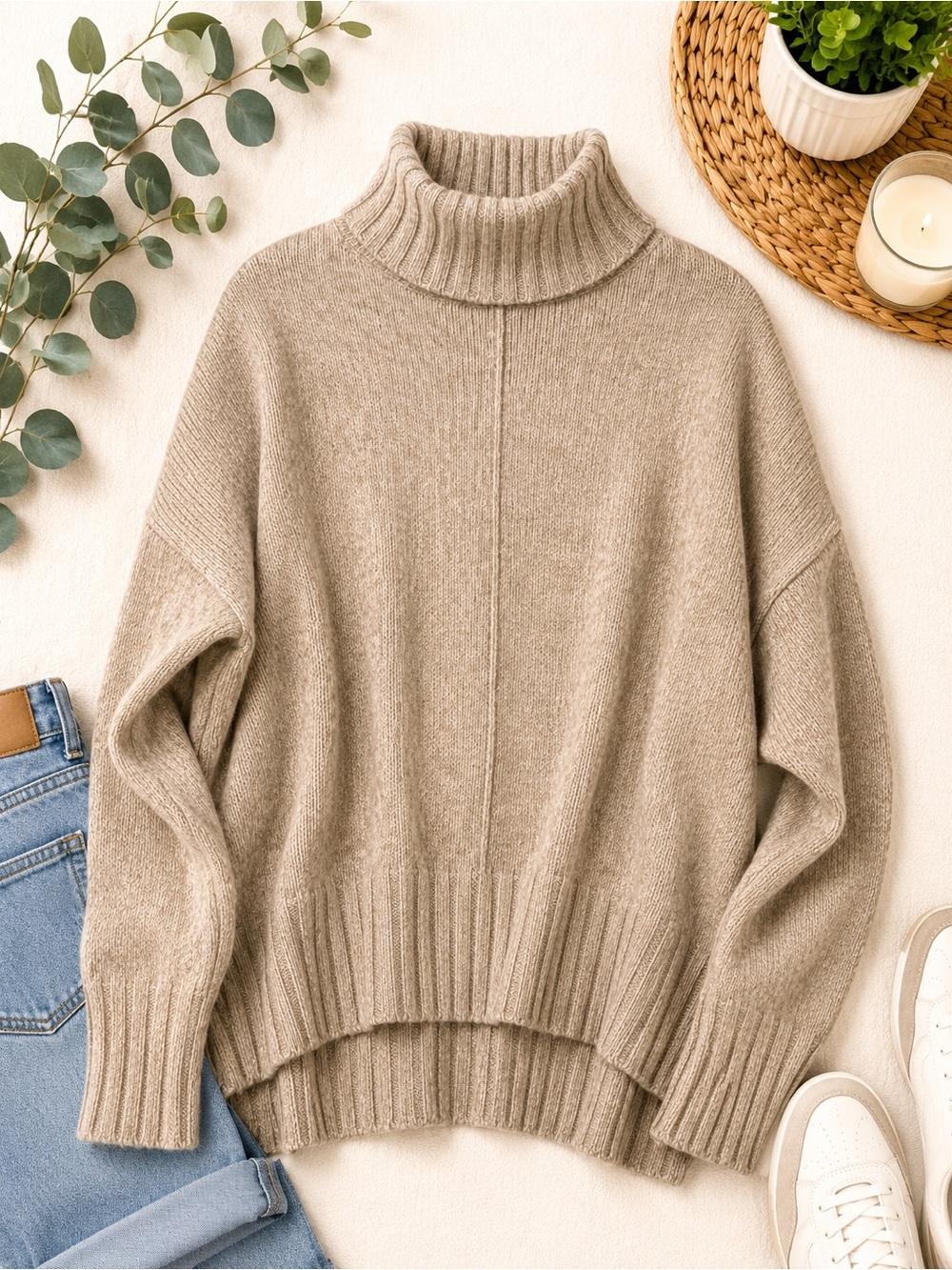Sonoma Taupe Cowl-Neck Relaxed Sweater